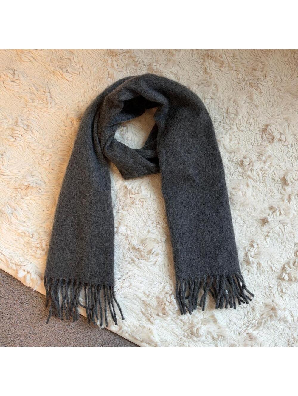 90s Unisex Ballantyne 100% Cashmere Scarf quiet luxury Charcoal Gray Fringe